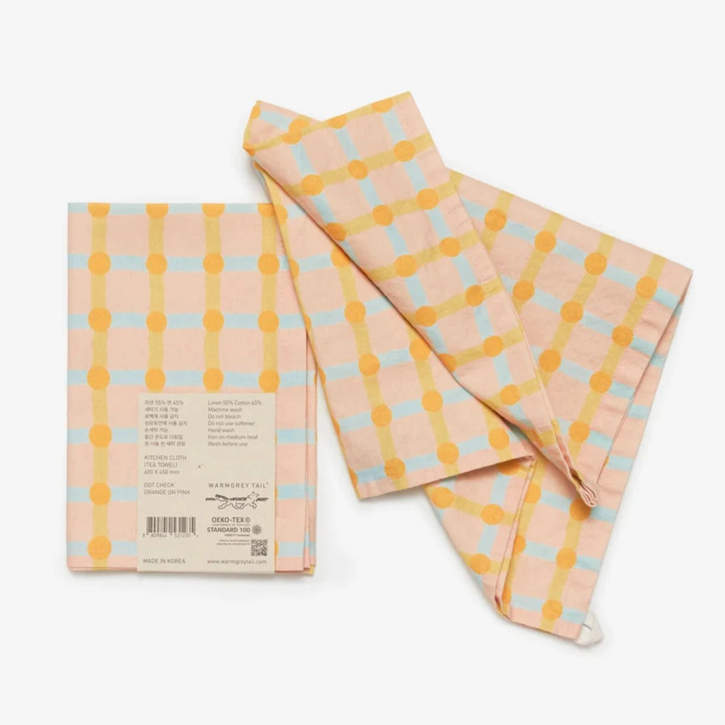 Dot Check Kitchen Cloth - Orange on Pink