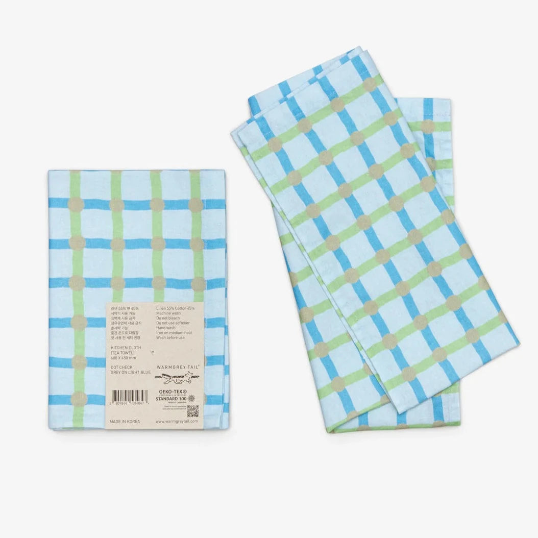 Dot Check Kitchen Cloth - Grey on Light Blue