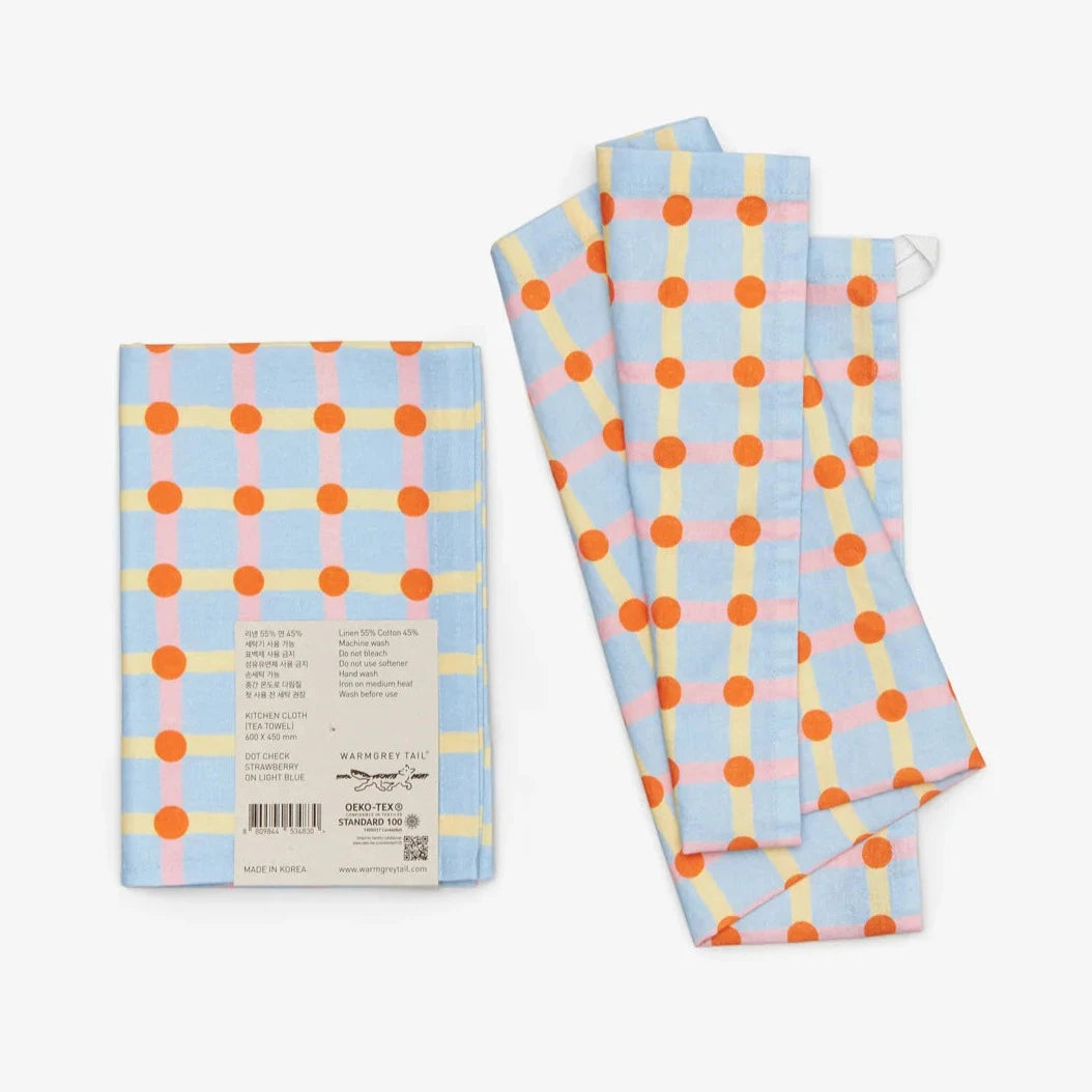 Dot Check Kitchen Cloth - Strawberry on Light Blue